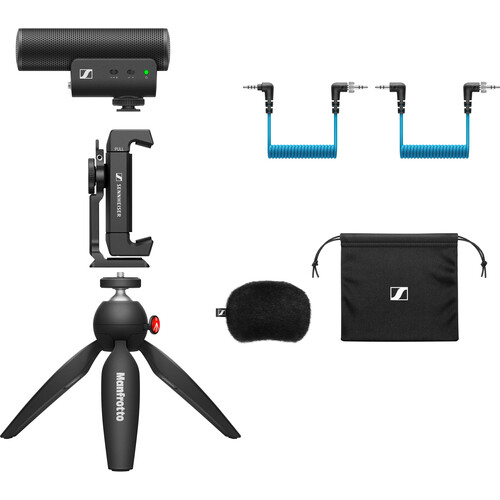 Sennheiser MKE 400 Microphone, Manfrotto PIXI Mini Tripod and Smartphone Clamp